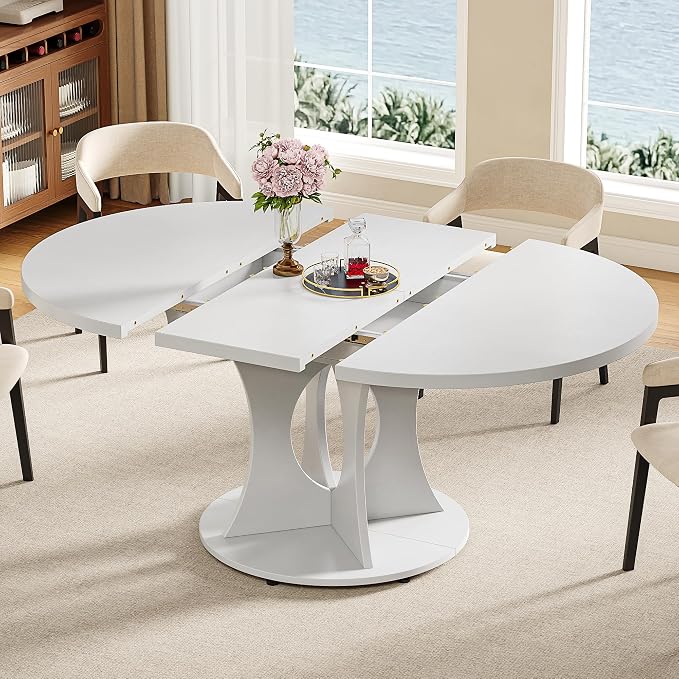 iPormis 43.3-59 Inch Extendable Round Dining Table for 6-8 People, Oval Dinner Table with Adjustable Top and A Stable Round Pedestal Base, Space Saving Wooden Kitchen and Dining Table, White
