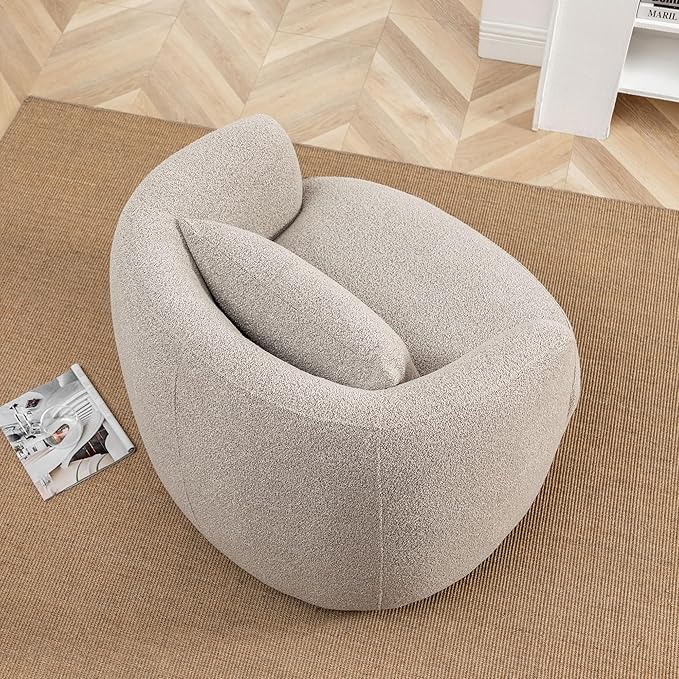 KINWELL 34" Wide Boucle Swivel Barrel Chair, No Assembly Round Upholstered Armchair Accent Chair Single Sofa Chair with Toss Pillow for Living Room and Bedroom, Taupe