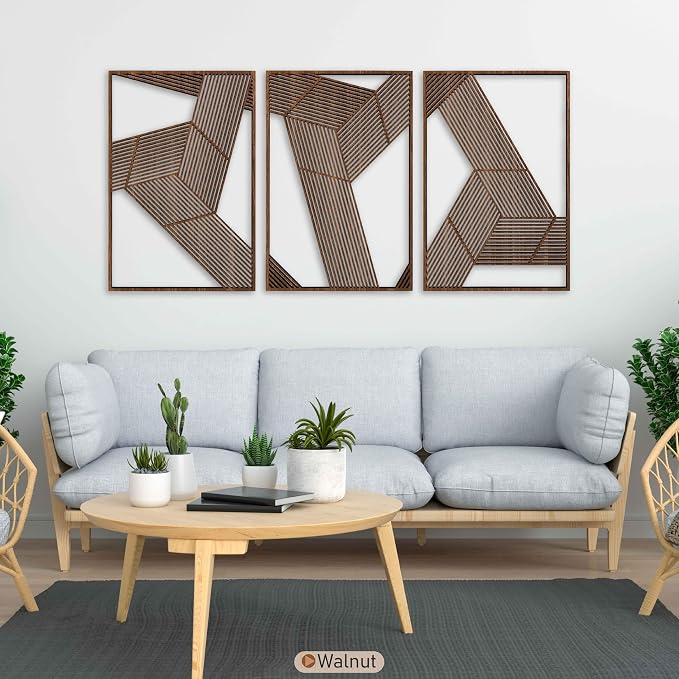 Line Art Wood Wall Decor, Large Geometric Wooden Wall Art, Mid Century Modern Minimalist Triptych, Abstract Architectural Wall Panels for Living Room and Bedroom