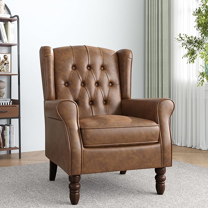 Faux Leather Accent Chair, High Back Upholstered Chair with Button Tufted, Mid-Century Modern Comfy Wingback Chair Reading Armchair for Living Room for Bedroom, Office-P Brown