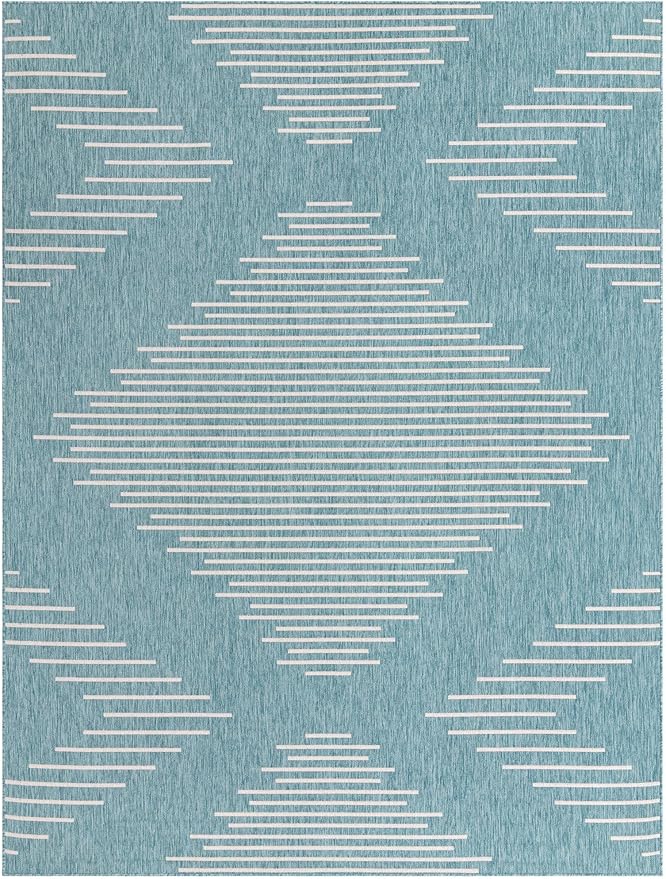 Rugs.com Outdoor Modern Collection Rug – 9' x 12' Light Aqua Flatweave Rug Perfect for Living Rooms, Large Dining Rooms, Open Floorplans