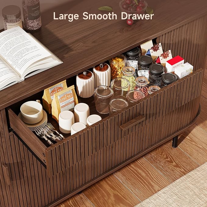 ONBRILL 63“ Sideboard Buffet Cabinet with Storage, Sideboard with 1 Drawer & 2 Door Shelves, Mid-Century Modern Kitchen Cabinets with Sliding Door, Coffee Bar Cabinet for Kitchen, Living Room, Walnut