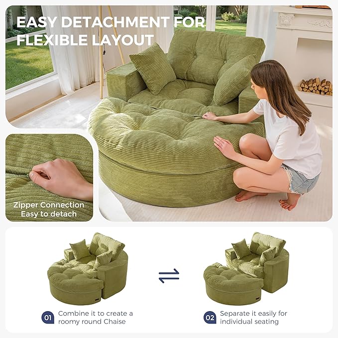 MAXYOYO Oversized Round Chaise Lounge Sofa, Upholstered Lounge Chair with 3 Pillows, Boneless Sofa Couch with Ottoman, Deep Seat Chair for Living Room, No Assembly, Green