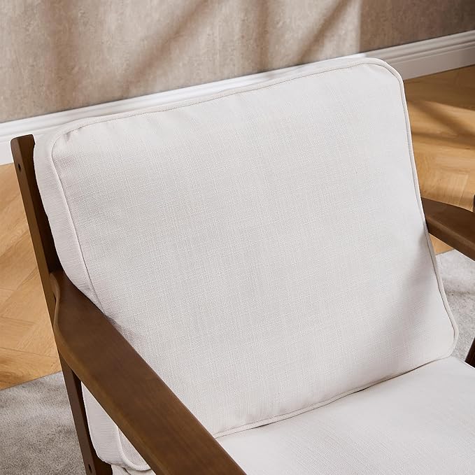 Living Room Accent Chairs Mid Century Modern Reading Arm Chair with Ottoman, Fabric Bedroom Chair with Soild Wood Frame, Elegant Upholstered Side Chair, Beige-Fabric