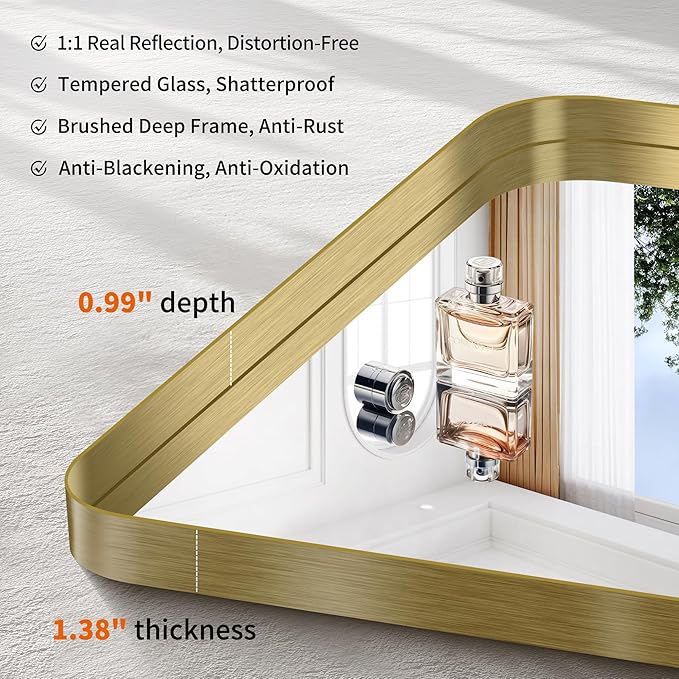 CIRCUMI Gold Bathroom Mirror, 36"x55" Rectangular Mirror with Deep Metal Frame, Rounded Corner, Tempered Glass, Large Mirror for Wall, Over 2 Sinks, Installed Vertically/Horizontally, Crystal-Clear