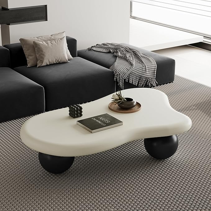 47" Modern Coffee Table Cloud Shape Low Center Table Cute Irregular Indoor Tea Table with 3 Ball Legs for Living Room Small Space