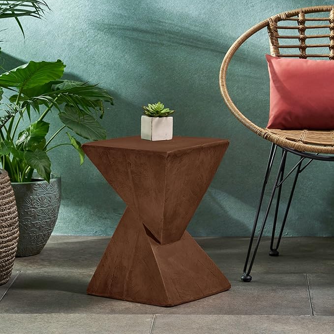 ø12.5'' Square Hourglass Side Table End Table for Living Room, Modern Retro Style, Magnesium Oxide & Light Weight for Indoor & Outdoor, No Assembly, Wood Grain, Dark Brown