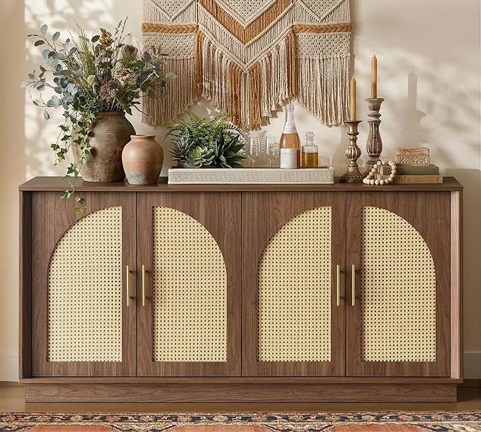 FORTUNETEC 63" Sideboard Buffet Cabinet with Storage, Modern Accent Cabinet with Rattan Arched Doors, Modular Media Console, Boho Credenza for Living Room Kitchen Dining Room Entryway, Walnut