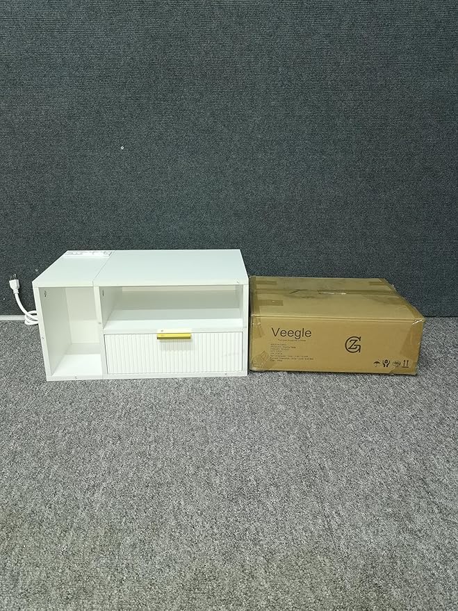 White Floating Nightstand with Charging Station and LED Lights,White