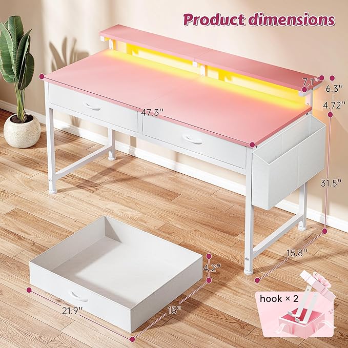 DurayLoly 47.3 Inch Office Computer Desk with LED Lights & 2 Fabric Drawers, Gaming Desk with Side Pocket & Ergonomic Monitor Stand, Small Space Study Writing Table with Anti-Tip Design,Pink