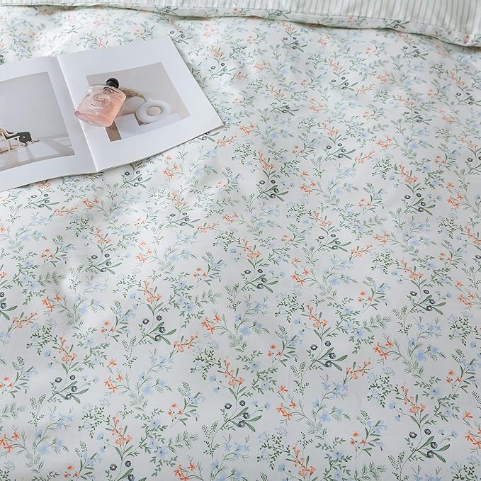 HoneiLife Botanical Duvet Cover King - 100% Cotton Comforter Cover Sets, Floral Duvet Cover Sets, Wildflower Bedlinen Set for King Beds