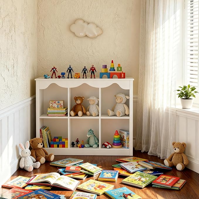 Wooden Storage Cabinet Montessori Kids Bookshelf Toy Storage Organizer for kidsroom Dutch Design,Milkywhite