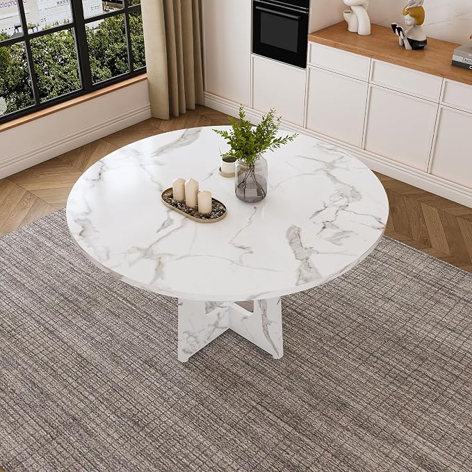 47" Round Dining Table for 4-6,White Faux Marble Dining Room Table,Modern Kitchen Table with Cross Legs for Dining Room Kitchen