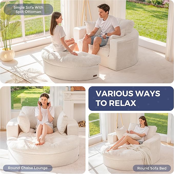 MAXYOYO Oversized Round Chaise Lounge Sofa, Upholstered Lounge Chair with 3 Pillows, Boneless Sofa Couch with Ottoman, Deep Seat Chair for Living Room, Bedroom, No Assembly, Beige