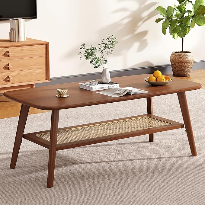 Coffee Table Small Solid Wood Center Table Mid Century Vintage Living Room Coffee Table, Walnut Rattan 39.37 Inch
