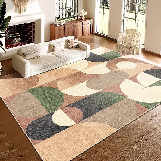 Large Modern Area Rugs 9x12 Washable Rug for Living Room Bedroom Dining Room,Retro Orange Geometric Non Slip Carpet