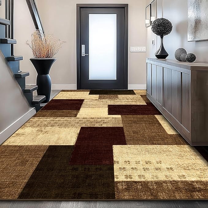 Modern Geometric Patchwork Indoor Area Rug for Living Room, Red 5x7 Large Rug Rockwood Collection Hardwood Floors Decor for Bedroom, Burgundy Throw Carpet for Office Entryway Dining Room