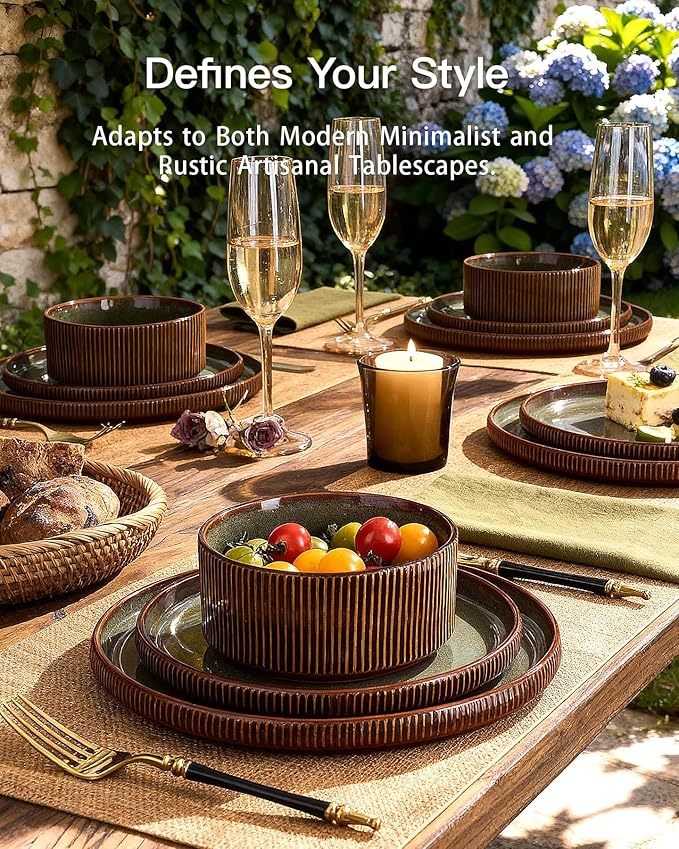Stoneware Dinnerware Sets, Handcrafted Double Reactive Glaze Plates and Bowls for Everyday & Formal Dining, Microwave & Dishwasher Safe, Scratch Resistant Dishes Service for 4 (12-Piece), Moss Cocoa