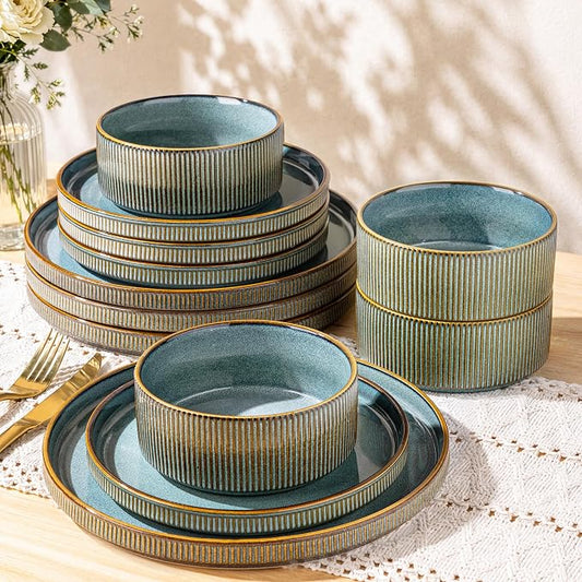 GBHOME 12-Piece Stoneware Dinnerware Set for 4 – Ribbed Ceramic Plates and Bowls, Scratch-Resistant, Microwave & Dishwasher Safe, Reactive Glaze-Space Blue