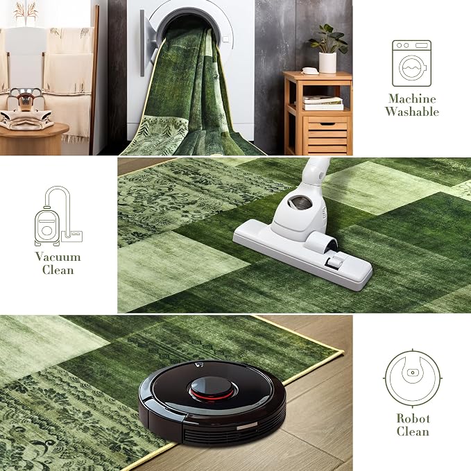 Tepook 8x10 Green Area Rugs for Living Room, Modern Large Geometric Rug for Bedroom, Washable Patchwork Rug Indoor Non Slip Throw Carpets for Dining Room Office Farmhouse Home Decor