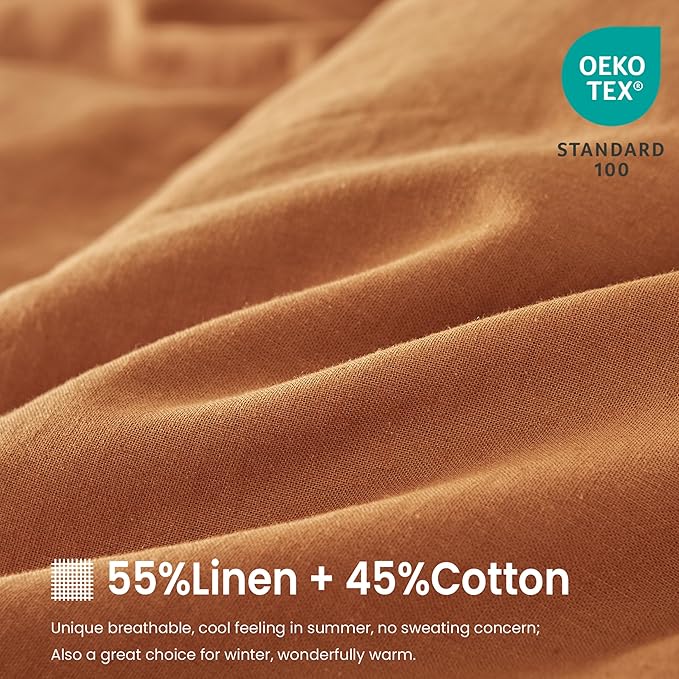FALUCA French Linen Blend Duvet Cover Set 3Pcs King (104"x92") - Soft, Breathable, Cooling Farmhouse Bedding for Hot Sleeper (King, Burnt Orange/Rust)