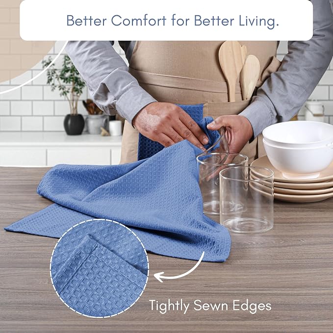 TWINY threads Set of 12 100% Cotton Solid Kitchen Towels with Hanging Loop (16 X 26 inches) | Ultra Absorbent Dobby Waffle Weave Washcloth | Reusable, Machine Washable Hand Towels - Sky Blue