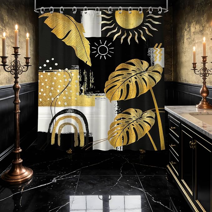 Black and Gold Mid Century Modern Shower Curtain Bohemian Abstract Dark Mens Shower Curtains for Bathroom Decor Sets, Waterproof Cloth Fabric with Hooks, 72x84 Inch