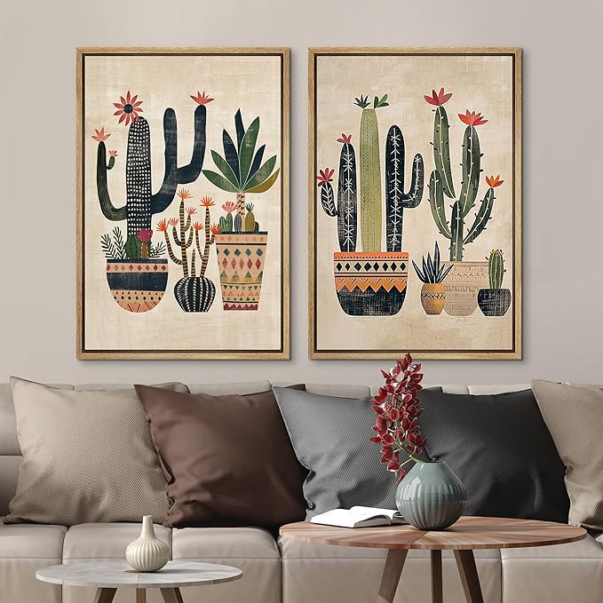 MUDECOR Framed Canvas Print Wall Art Set Mexican Cactus Tropical Botanical llustrations Modern Art Decorative Bohemian Calm/Zen for Living Room, Bedroom, Office - 16"x24"x2 Natural