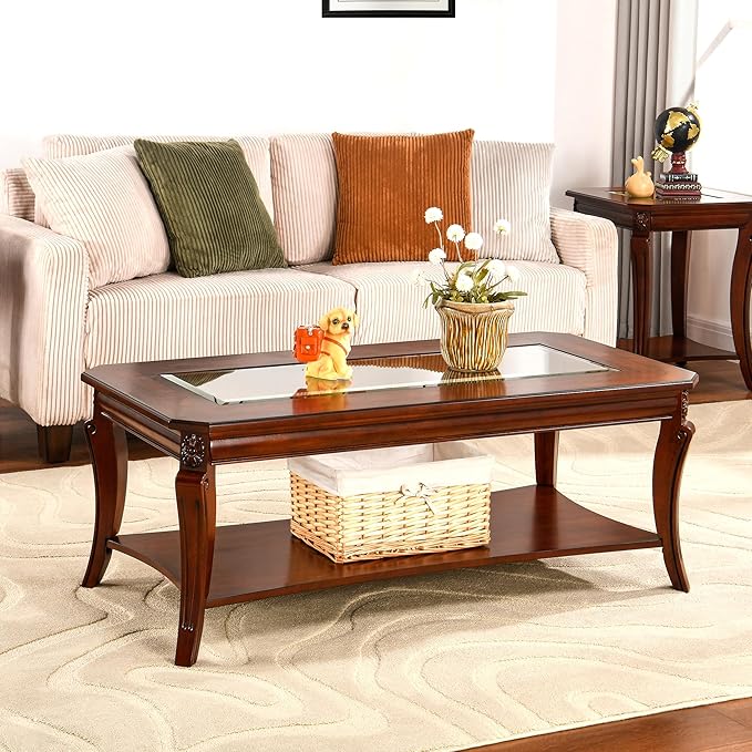 LEEMTORIG Vintage Glass Top Coffee Table for Living Room, 47 inches Rectangular 2-Tier Wood Coffee Tables with Storage Shelf, Traditional Mid Century Queen Anne Style Cocktail Table KFZ-A1168-GT