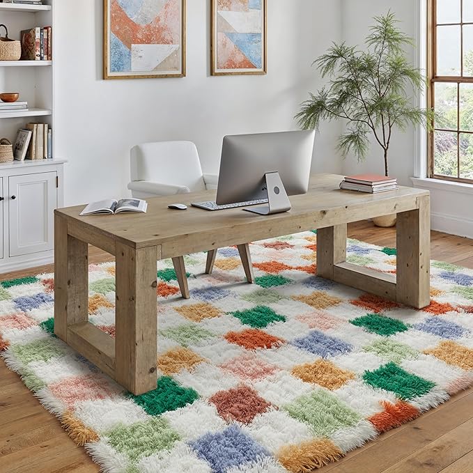 Checkered Rug 5x8 for Living Room, Modern Neutral Shag Rug Super Soft Washable Indoor Fuzzy Carpet Non-Slip Fluffy Rugs for Bedroom Home Aesthetic Decor
