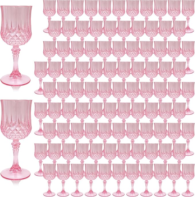 Plastic Wine Glasses, Plastic Goblets Vintage Style Cordial Drinking Glasses for Valentine’s Day, Wedding Reception, Grand Event Party Supplies (100, Pink)