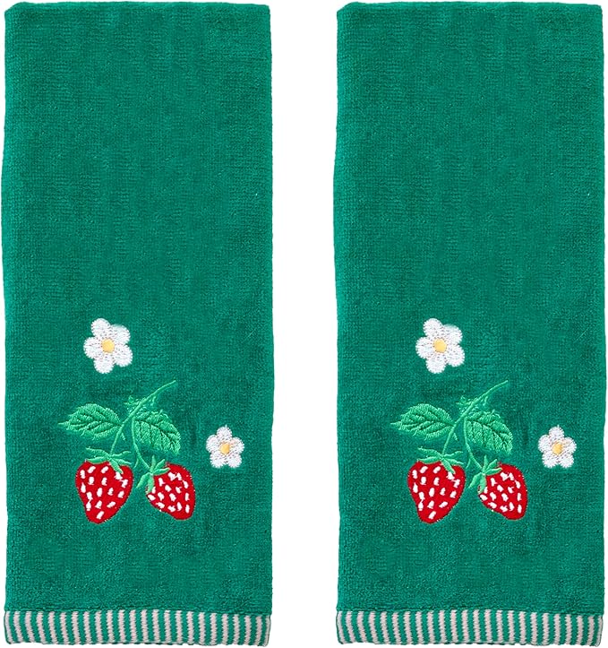 SKL Home Strawberry Vine 100% Cotton Embroidered 2pc Hand Towel Set, Decorative for Bath/Kitchen/Bar & Gift, Green