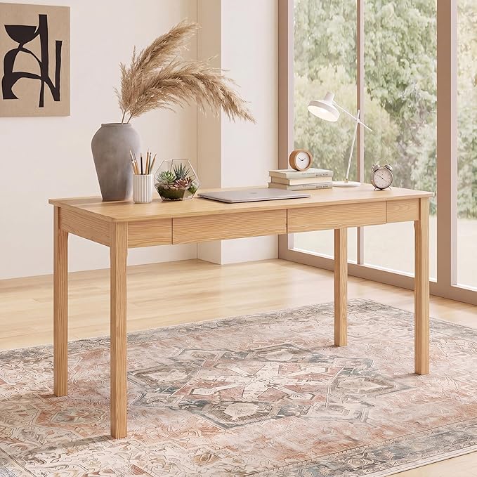 Solid Wood Writing Desk with Drawers, Small Computer Desk Table, Mid Century Modern Desks, Study Home Office Desks for Work, Small Wooden Dining Table for Bedroom, Natural