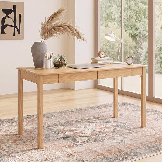 Solid Wood Writing Desk with Drawers, Small Computer Desk Table, Mid Century Modern Desks, Study Home Office Desks for Work, Small Wooden Dining Table for Bedroom, Natural