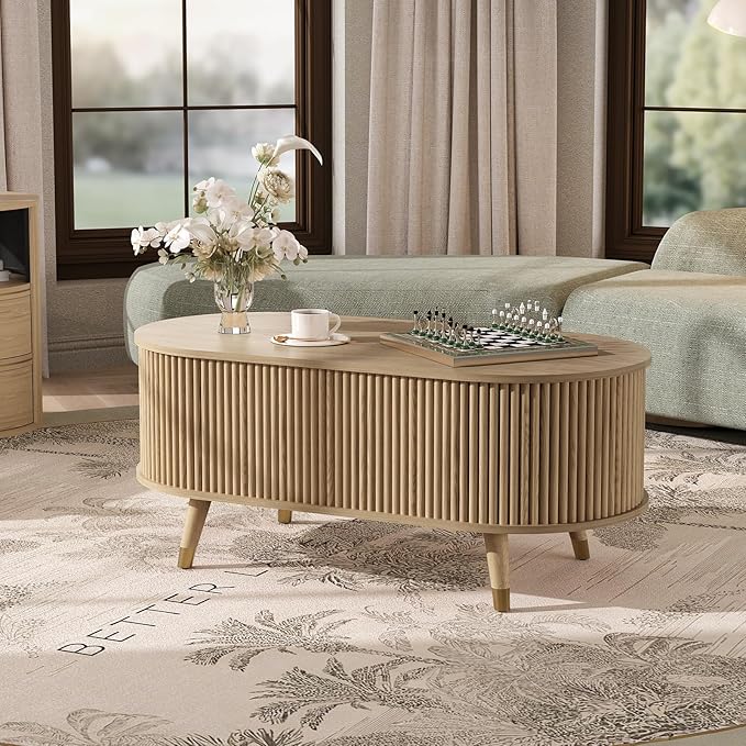 42.5" Oval Lift Top Coffee Table with Storage, Mid Century Modern Oak Center Table with Fluted Panel, Solid Wood Legs & Hidden Compartment for Living Room