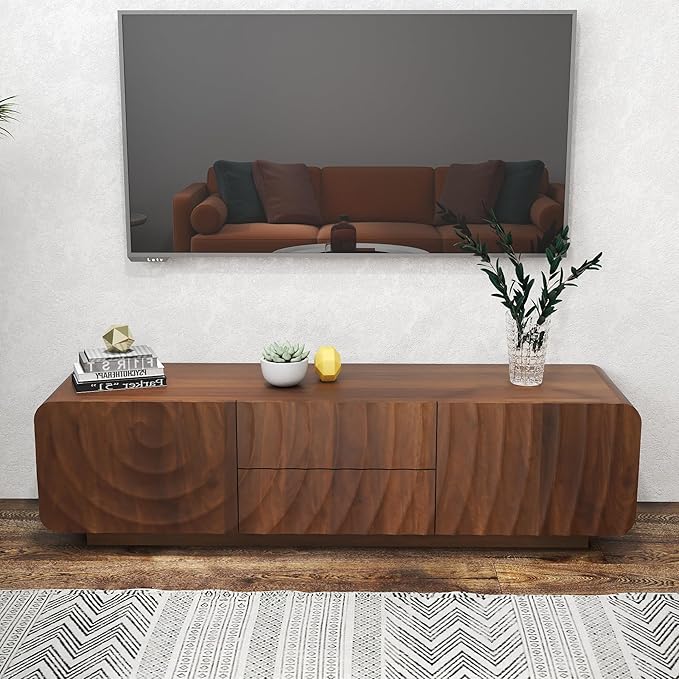 LKTART 58'' TV Stand with Storage & 2 Drawers, Modern TV Console with Water Ripple Door Panels Mid-Century Credenza Sideboard Buffet Cabinet for Kitchen & Living Room (Walnut)