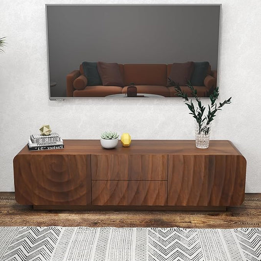 LKTART 58'' TV Stand with Storage & 2 Drawers, Modern TV Console with Water Ripple Door Panels Mid-Century Credenza Sideboard Buffet Cabinet for Kitchen & Living Room (Walnut)