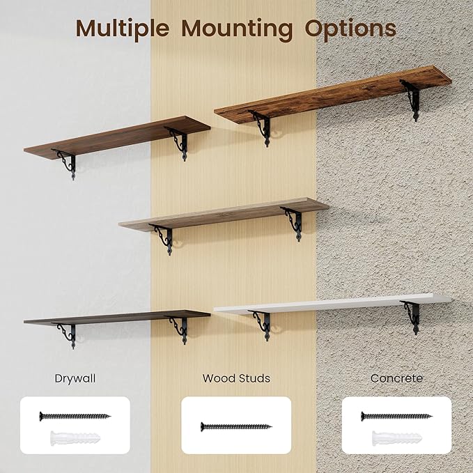 RICHFOCUS Floating Shelves for Wall Decor, 39.4W x 8D Shelves Set of 2, 8 Inch Deep Rustic Wood Shelves Wall Mounted with Brackets, Long Floating Shelves for Living Room Bedroom Kitchen, Grey