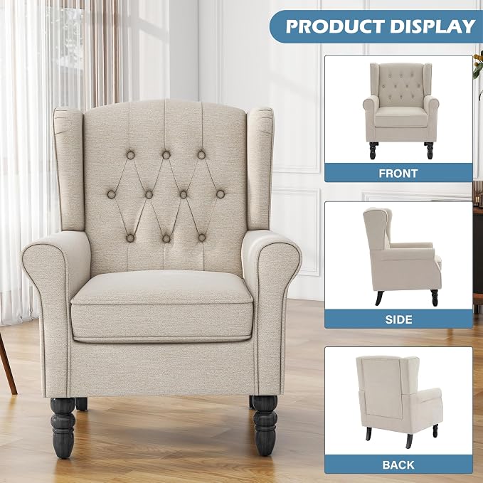 High Back Accent Chair, Fabric Upholstered Armchair Wingback Chair for Living Room, Comfy Single Sofa Bedroom Reading Seat with Solid Wood Legs - Beige