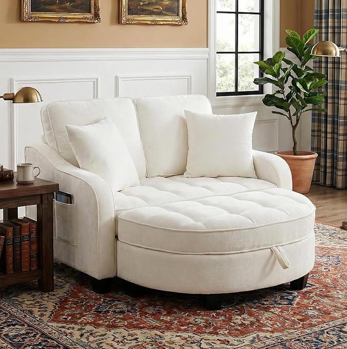 Round Chaise Lounge Chair with Storage Ottoman, Oversized Bubble Chair and a Half Featuring Adjustable Backrest, Plush Reading Accent Chair and Ottoman Set for Bedroom, Light Beige