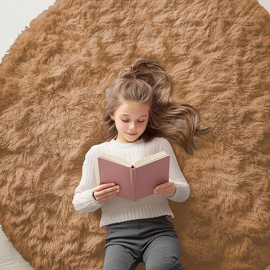 OLANLY Khaki Round Rugs for Bedroom - Machine Washable, 5 ft Circle Area Rugs for Living Room, Soft and Fluffy Shaggy Carpet for Teen Girl and Boys, Nursery Rooms, Dorms, Home Decor Aesthetic