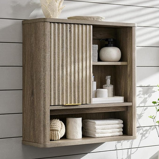 RedLemon Bathroom Wall Cabinet with Fluted Sliding Door, Modern Medicine Cabinet with Adjustable Shelf, Curved Profile Wall Mounted Storage Organizer, Grey Alder