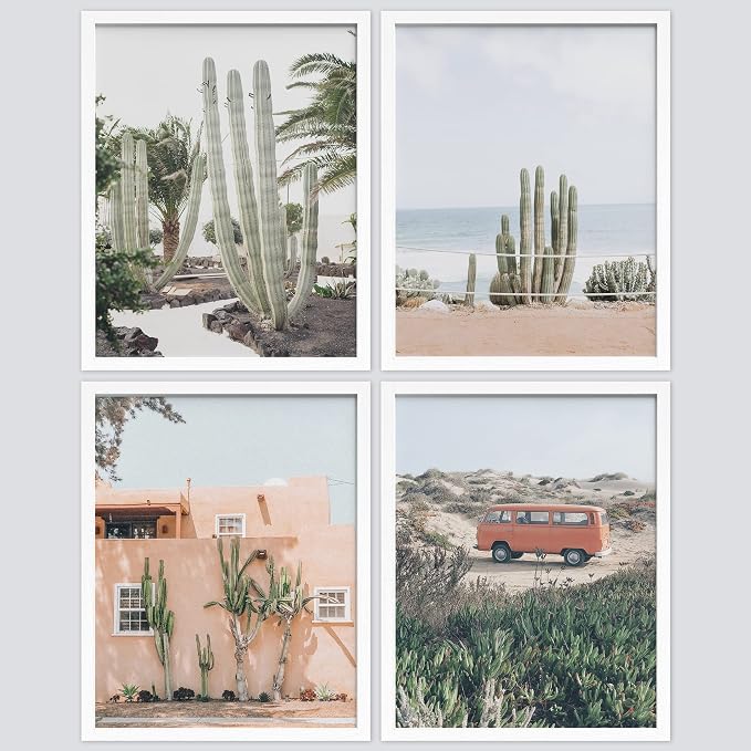 SIGNWIN Framed Cactus Desert Wall Art, Set of 4 Cactus Desert Wall Decor Prints, Nature Wilderness Wall Décor for Living Room, Bedroom - 8"x10"x 4 White