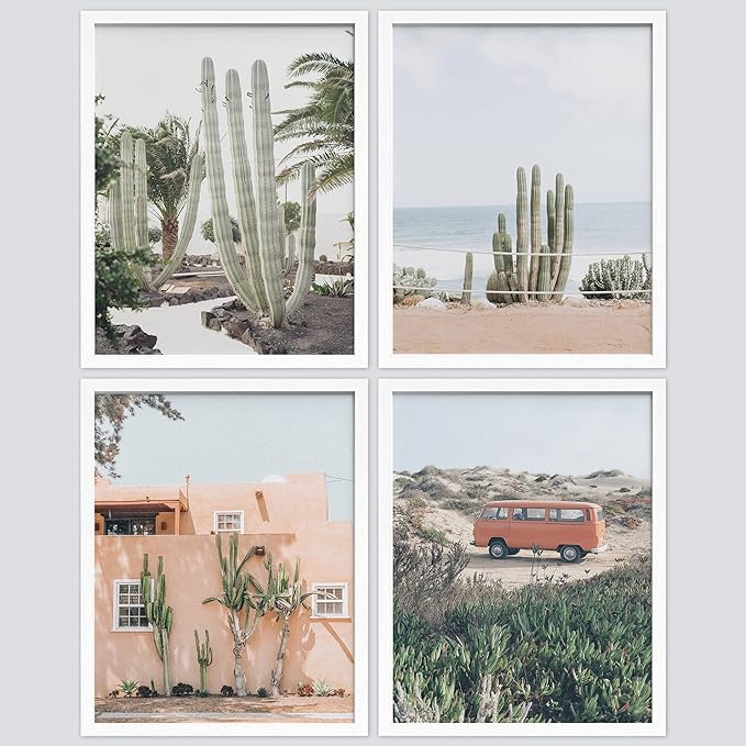 SIGNWIN Framed Cactus Desert Wall Art, Set of 4 Cactus Desert Wall Decor Prints, Nature Wilderness Wall Décor for Living Room, Bedroom - 11"x14"x 4 White
