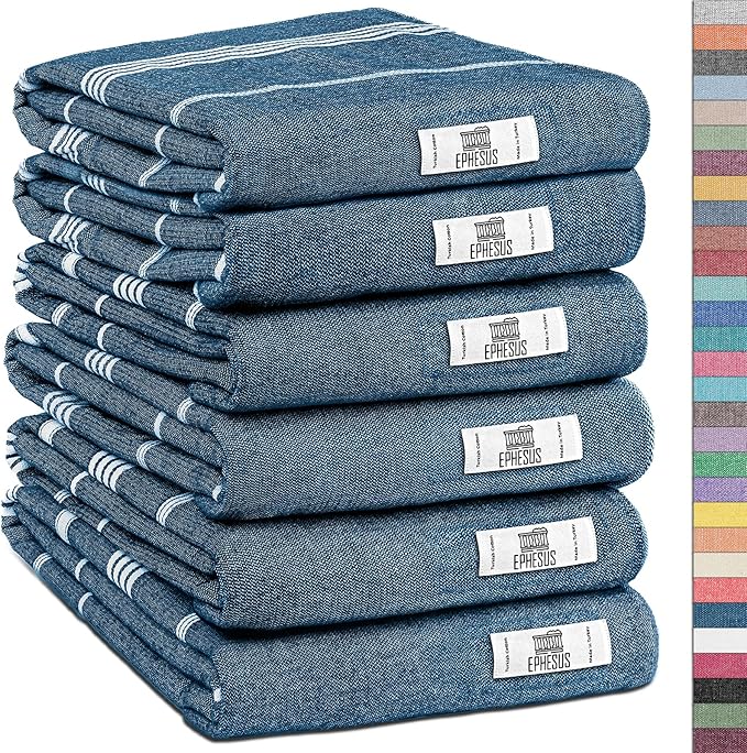 Hand Towels - Set of 6 | 18" x 30" - Decorative Turkish Hand Towel for Bathroom, Kitchen, Guest, Face, Hair, Tea, Dishcloth (Sultan, Navy Blue)