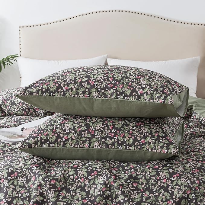 HoneiLife Duvet Cover Queen Size - Cotton Comforter Cover Floral Duvet Cover Sets 3-PC, Soft Bedlinen for Set with Zipper Closure & Corner Ties, Wildflower Comforter Cover Sets,Berry