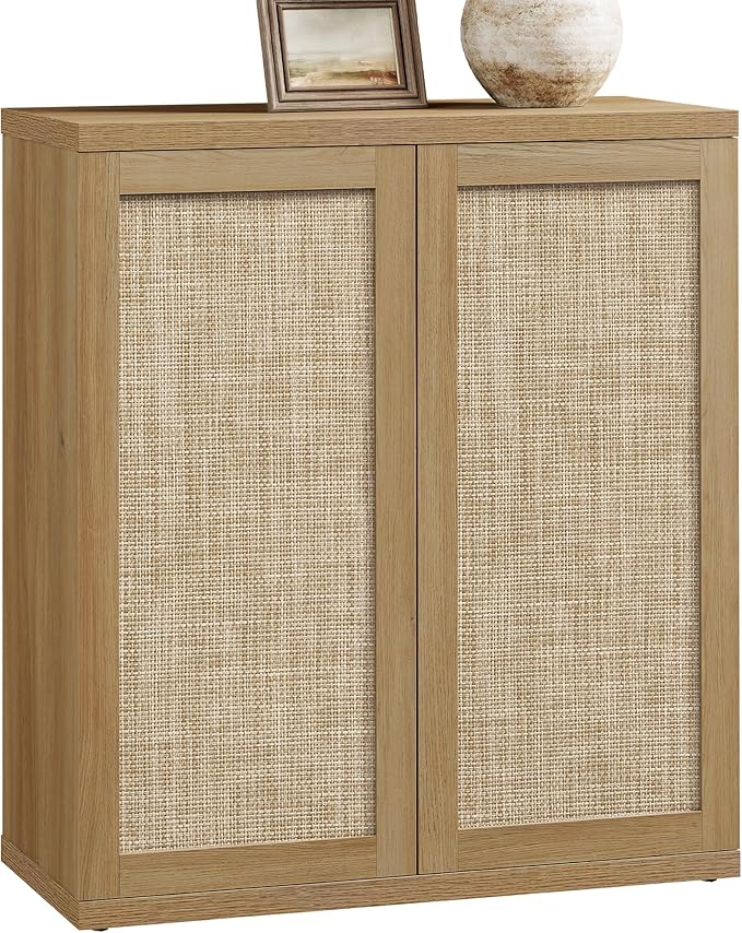 SICOTAS Rattan Buffet Sideboard Cabinet - Large Boho Coffee Bar Cabinet with Storage & Adjustable Shelves, Farmhouse Console Table Credenza Stand for Living Room, Dining Room, Entryway, Oak