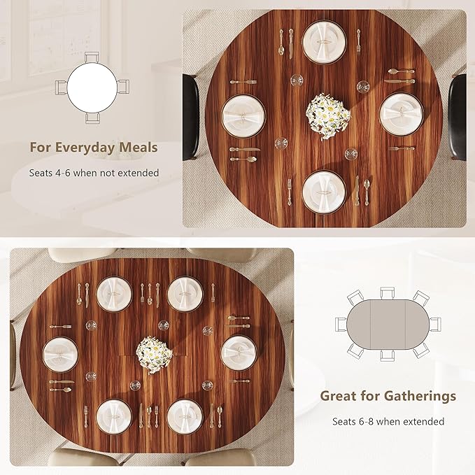 Einhomn 59" Extendable Round Dining Table for 6-8, Kitchen Table with Sturdy Double Arc Base & Backboard Clasp Desktop, Mid-Century Modern Dinner Table, Kitchen Dining Room, Space Saving, Walnut