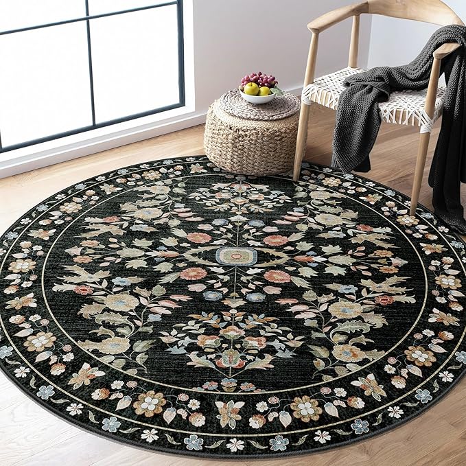MUJOO Round Rug 5ft,Black Circle Area Rug Washable,Circular Rugs for Bedroom Living Room,Boho Non Slip Throw Carpet Vintage Floral