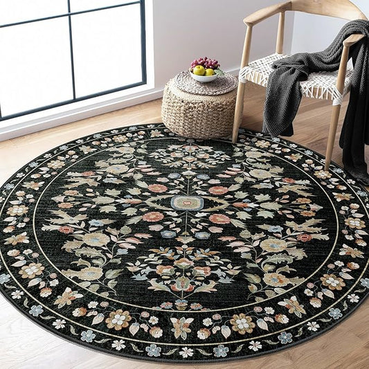 MUJOO Round Rug 5ft,Black Circle Area Rug Washable,Circular Rugs for Bedroom Living Room,Boho Non Slip Throw Carpet Vintage Floral